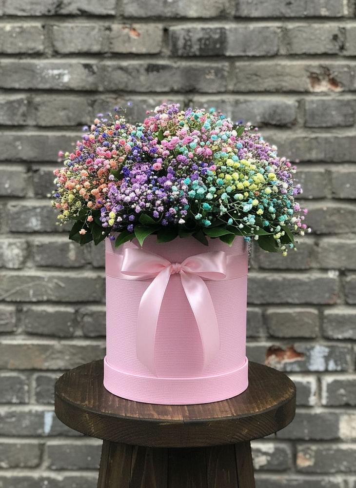 Цветочная композиция из Гипсофила и Розы в шляпной коробке в Большое Козино