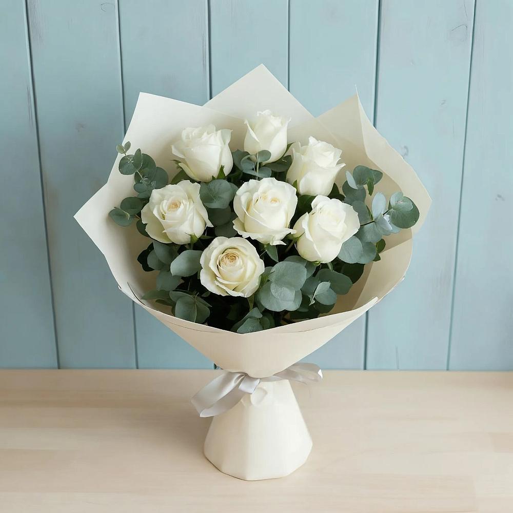 Букет Белые розы в Эвкалипте в Большое Козино