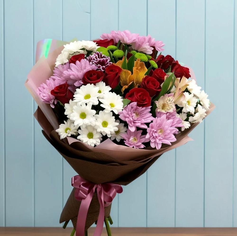 Букет цветов из: Розы, Хризантемы и Альстромерии в Большое Козино