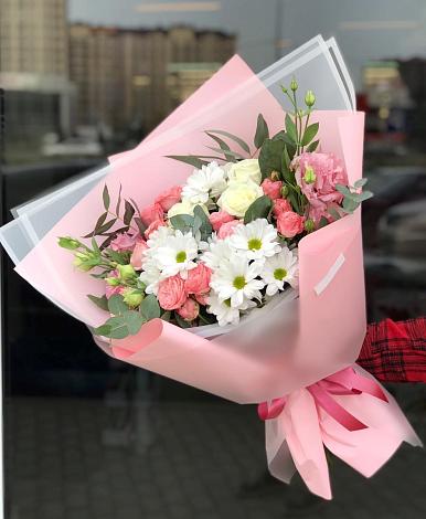 Букет цветов из: Розы, Лизиантусы и Хризантемы в Большое Козино