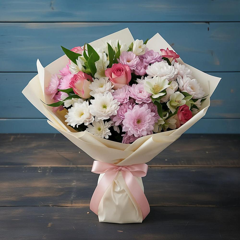 Букет цветов из: Хризантемы, Альстромерии и Розы в Большое Козино